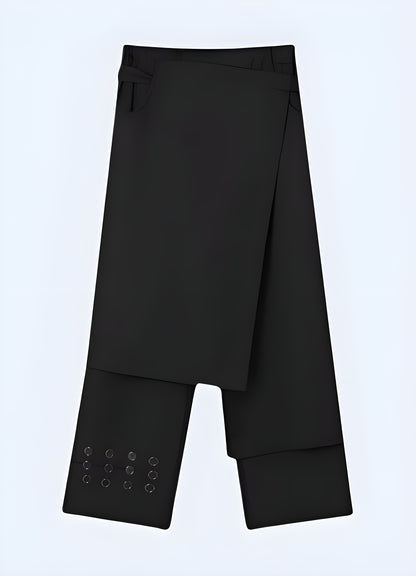 Dark hakama-style pants front view.