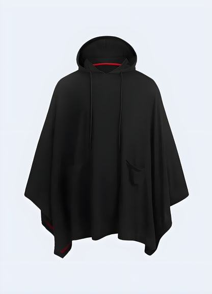 Black hooded poncho with front pockets.