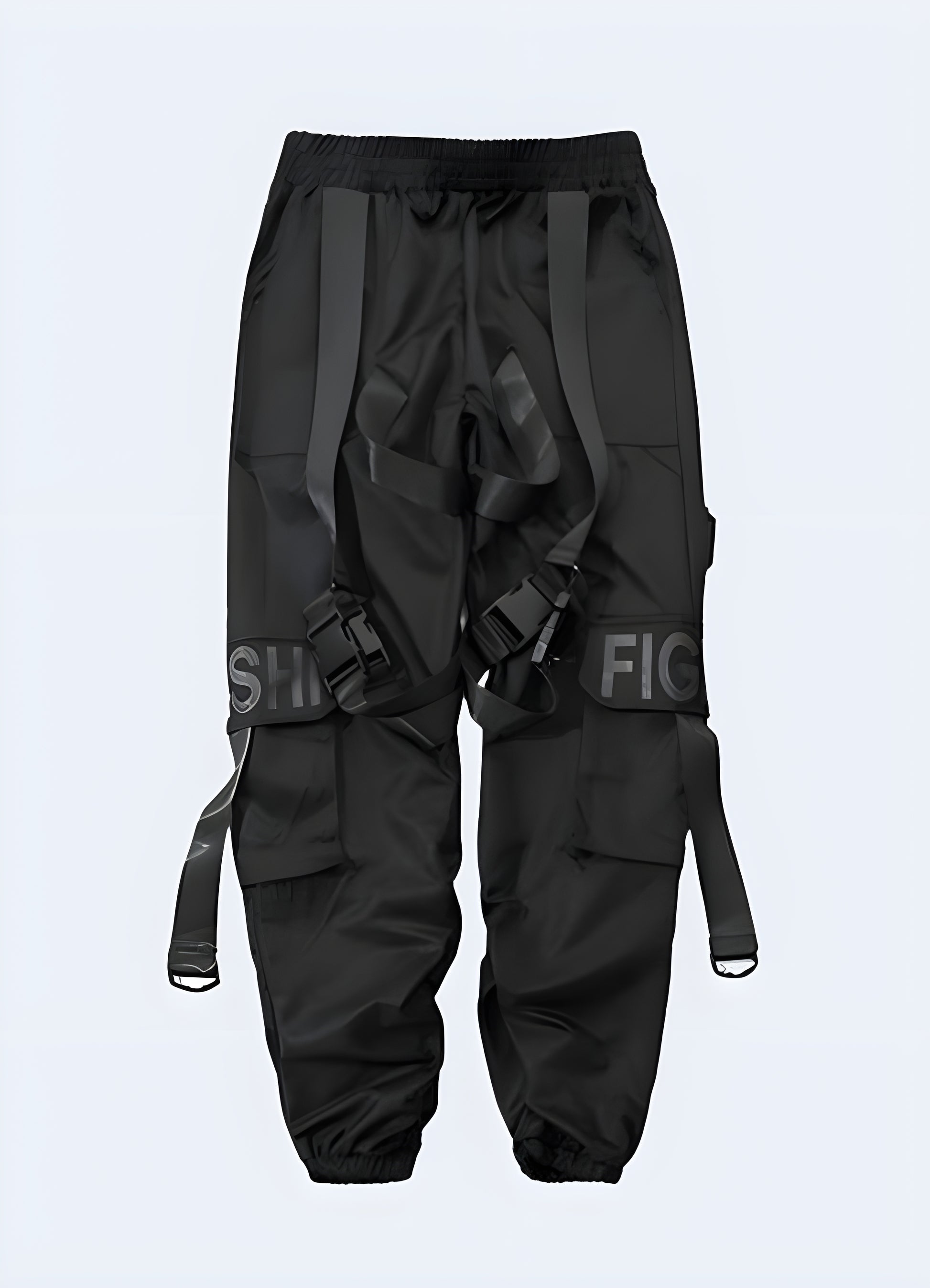 Multiple pockets and zippers on the side black jogger cargo pants front view.