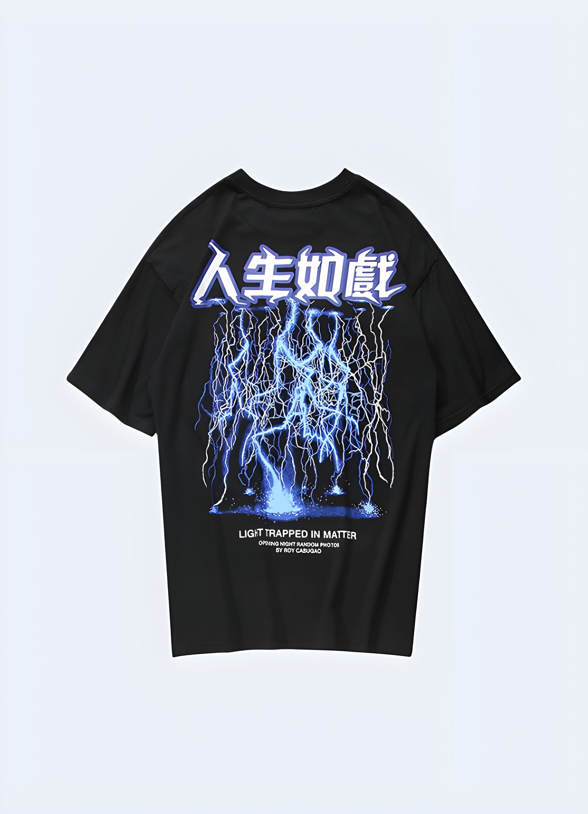 Unveiling a design spectacle, the back of this t-shirt lights up with a radiant shower of blue lightning bolts.