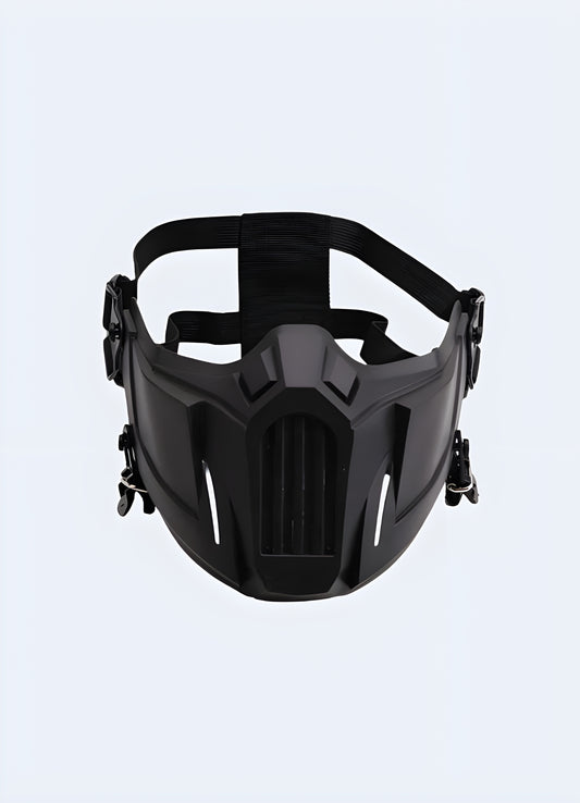 Minimalist techwear balaclava mask windproof neck concealment.