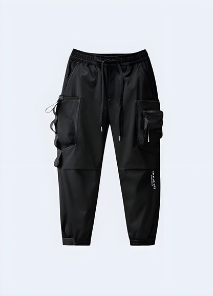 Close-up of the hidden pockets with everyday essentials black skinny cargo pants.