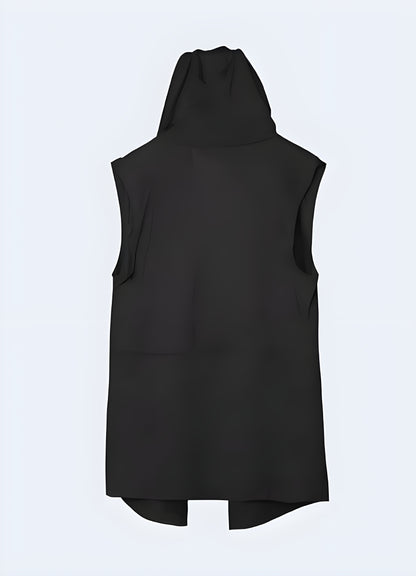 The black sleeveless goth vest's secure zip closure ensures a snug fit and a streamlined silhouette.