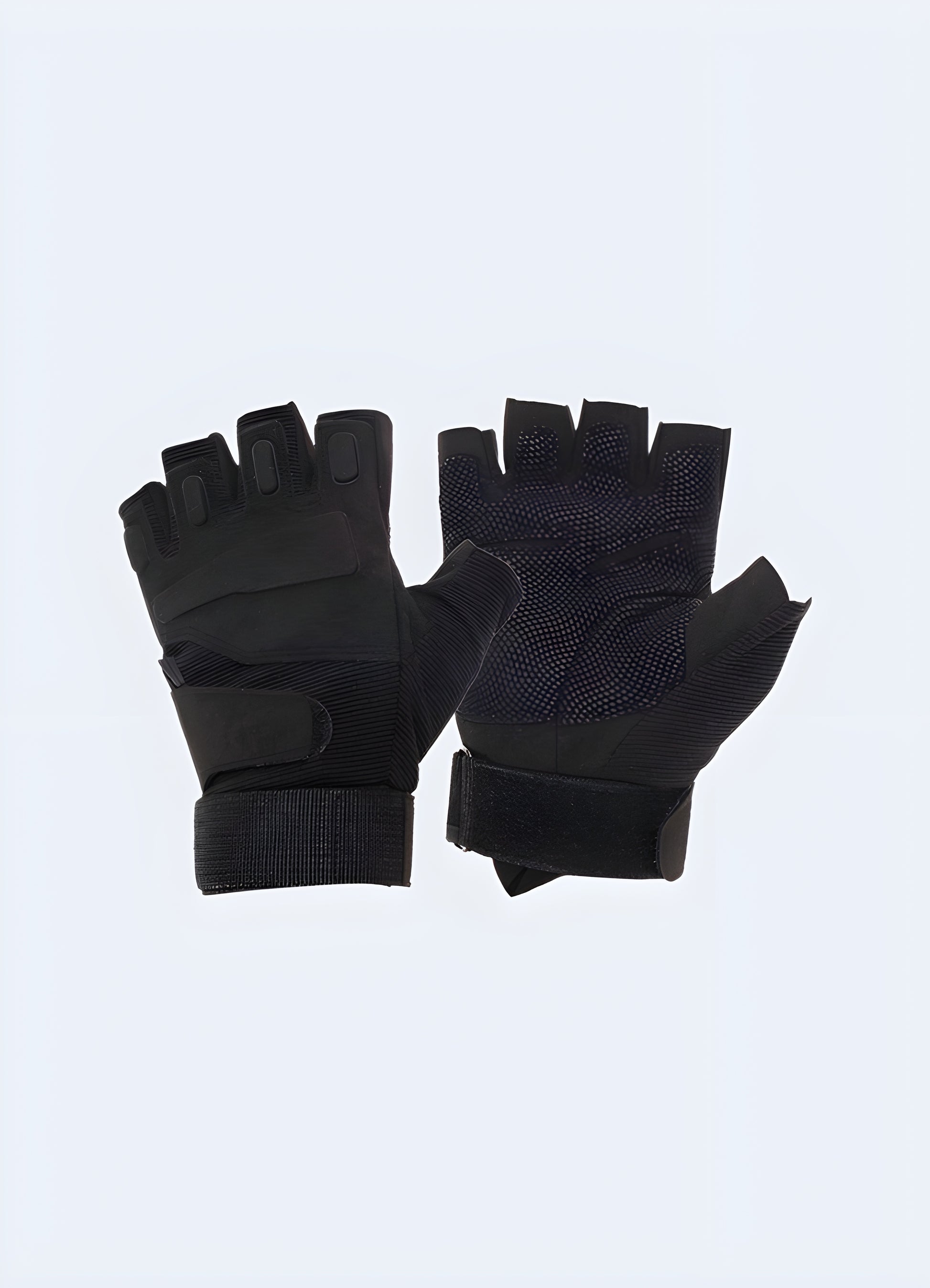 Black tactical fingerless gloves both view.