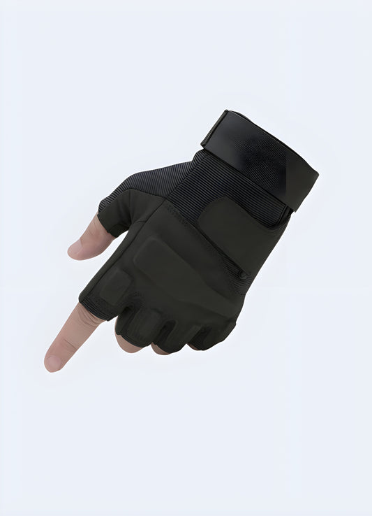 Black tactical fingerless gloves front view.