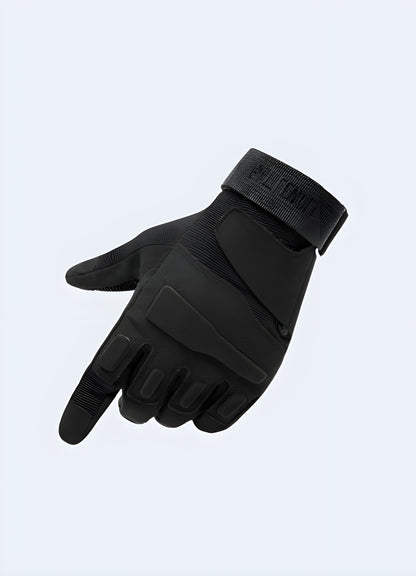 Black tactical gloves front view.