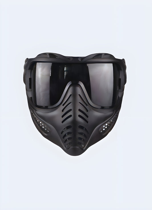 Sleek solid black color scheme black tactical mask.