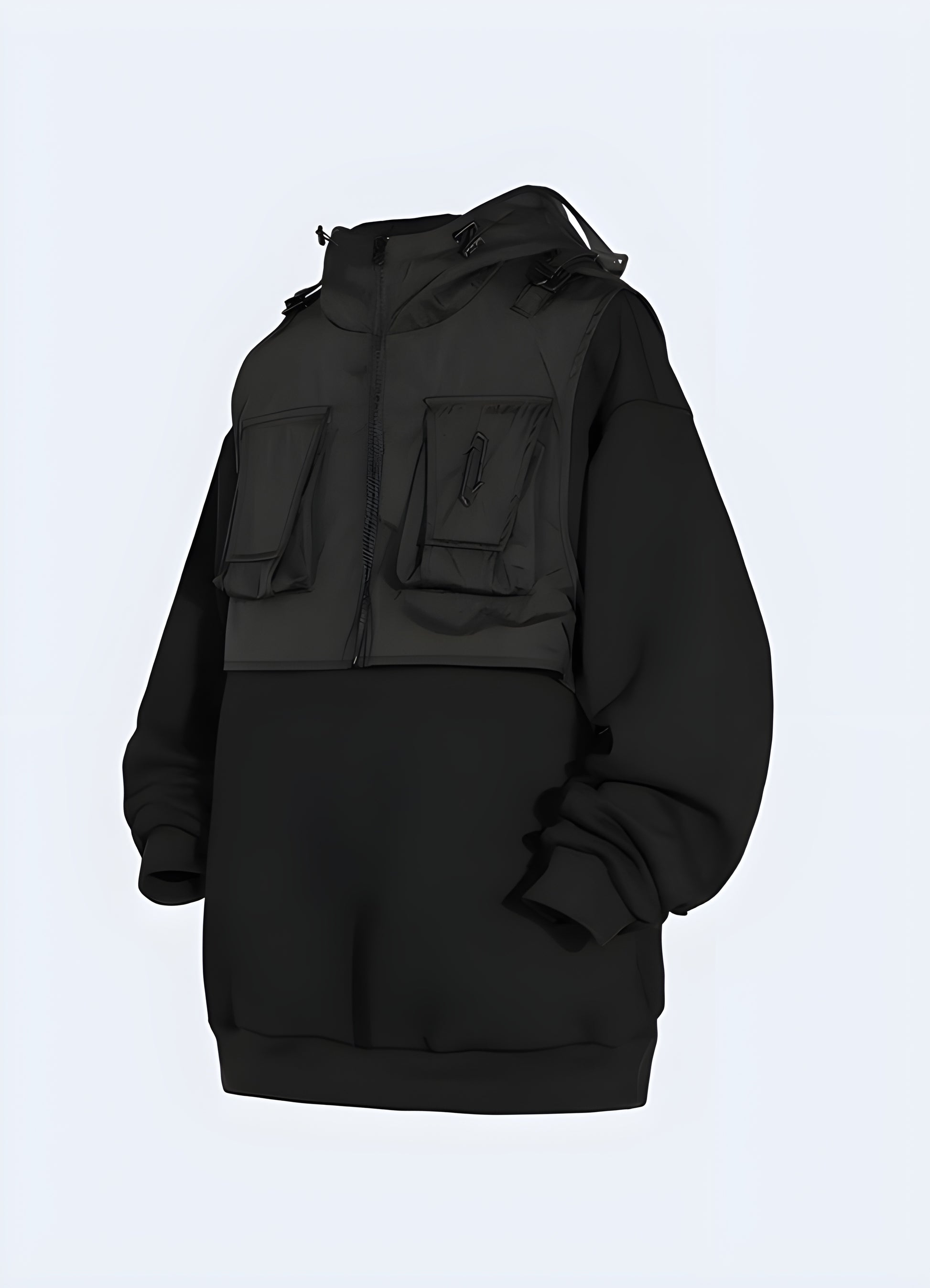 Adjustable hood black tech fleece hoodie.