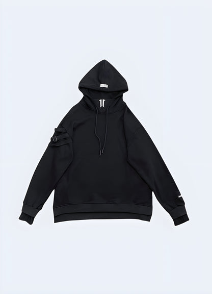 Minimal futuristic black techwear hoodie.