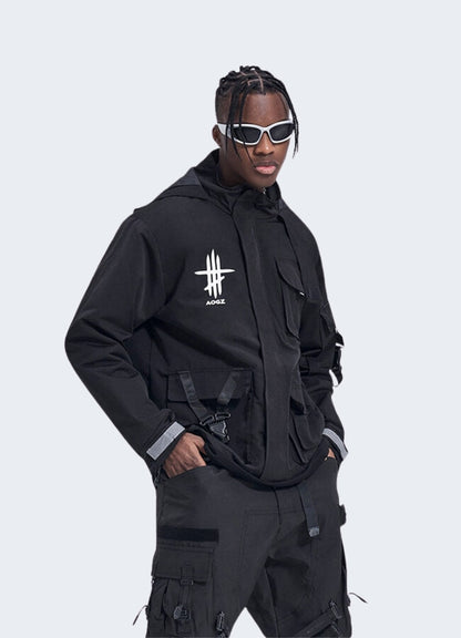 Men wearing black techwear jacket left side view.