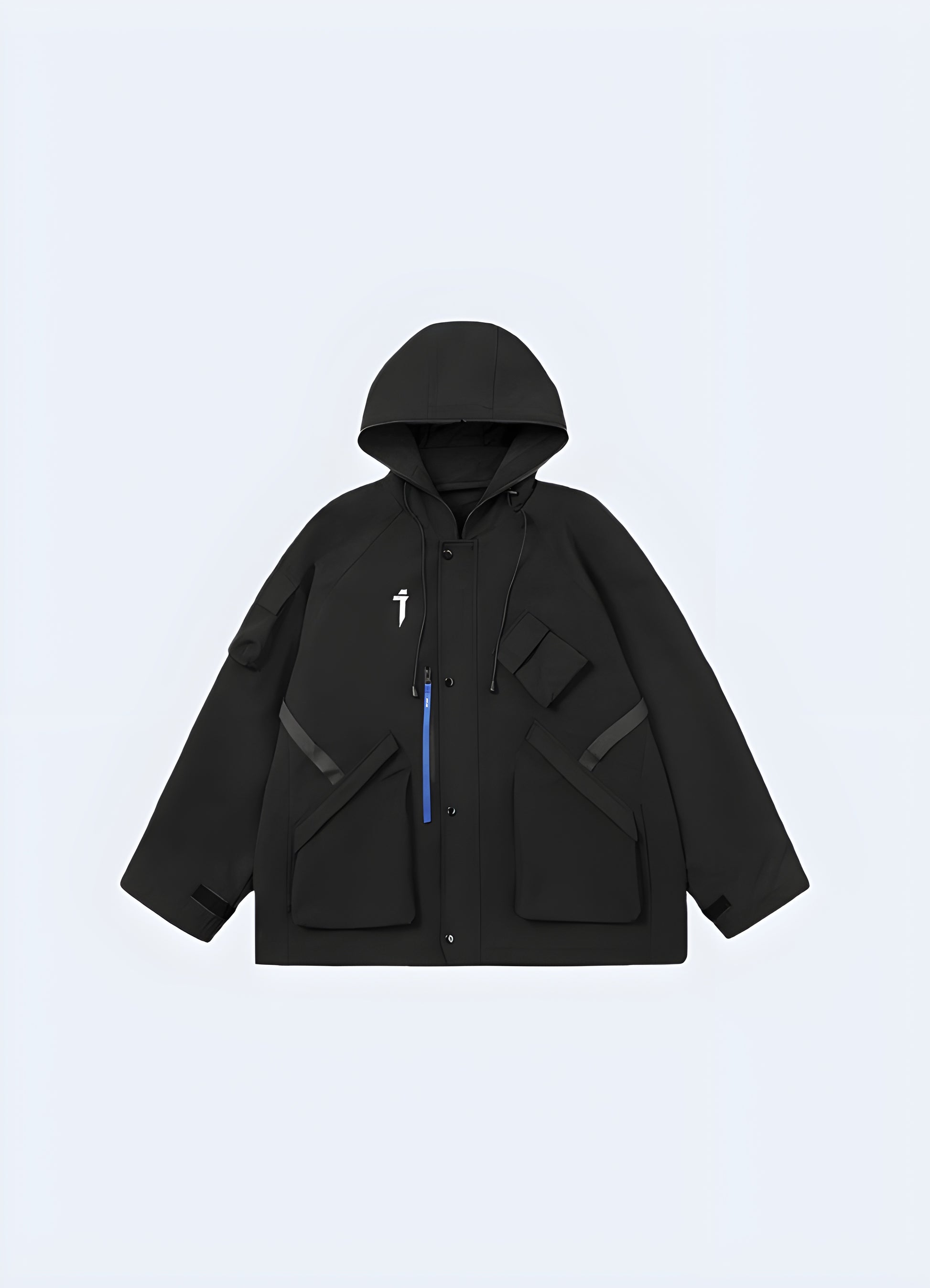 Techwear rain jacket black waterproof front view.