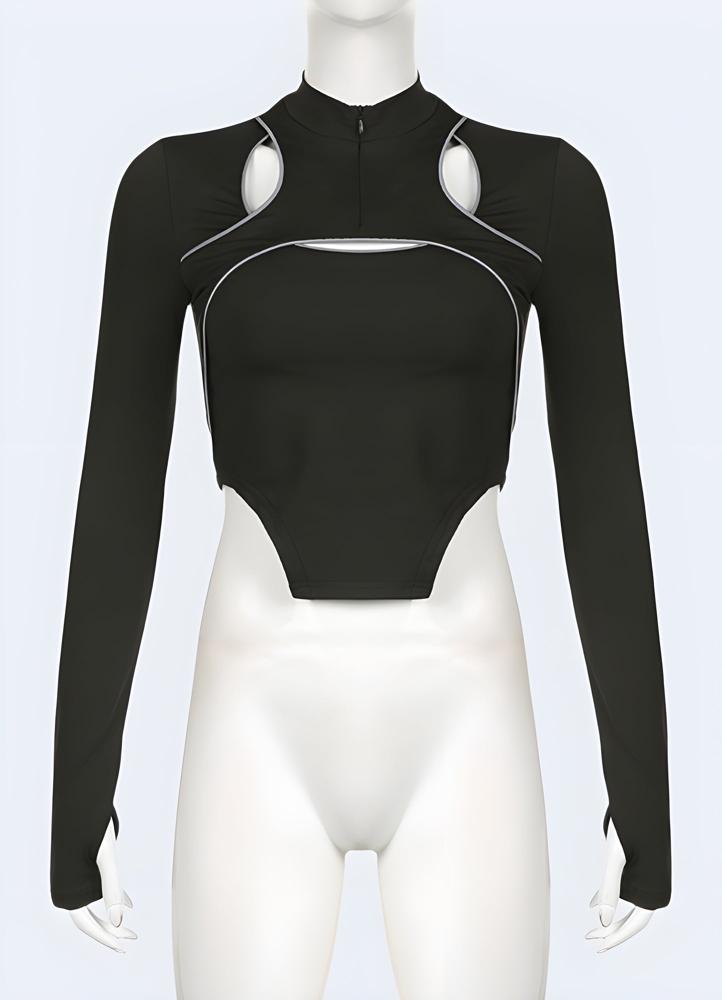 Front view of a woman in a fitted black turtleneck bodysuit, emphasizing the sleek, streamlined design that flatters the figure. This piece is a perfect choice for UK fashion enthusiasts seeking a sophisticated yet versatile wardrobe essential, ideal for both casual and formal wear.