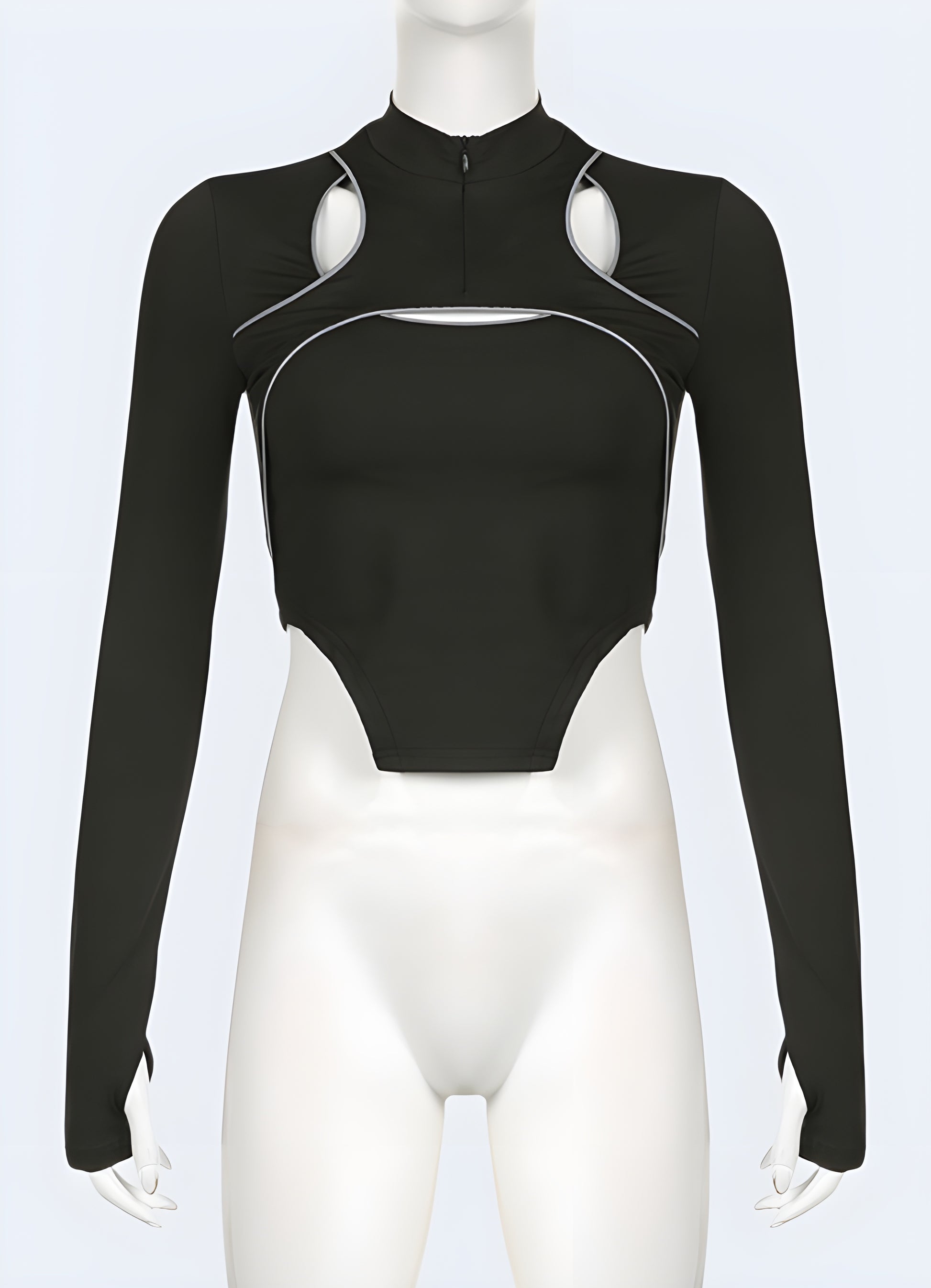 Front view of a woman in a fitted black turtleneck bodysuit, emphasizing the sleek, streamlined design that flatters the figure. This piece is a perfect choice for UK fashion enthusiasts seeking a sophisticated yet versatile wardrobe essential, ideal for both casual and formal wear.