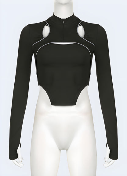 Front view of a woman in a fitted black turtleneck bodysuit, emphasizing the sleek, streamlined design that flatters the figure. This piece is a perfect choice for UK fashion enthusiasts seeking a sophisticated yet versatile wardrobe essential, ideal for both casual and formal wear.