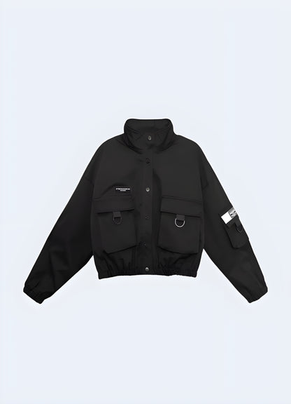 Multiple snap flap pockets black women utility jacket.