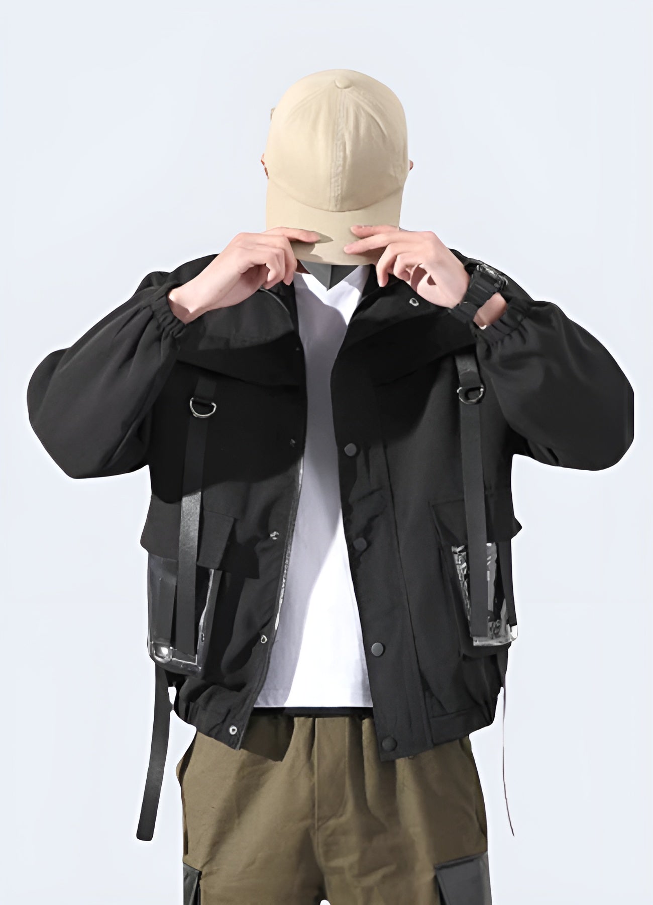 A stylish cargo bomber jacket made with cotton and polyester fabric.