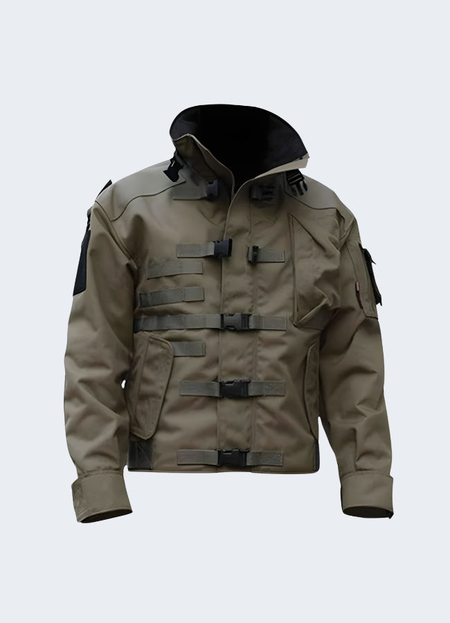 Cargo jacket in a dynamic pose, highlighting the numerous pockets and rugged construction.