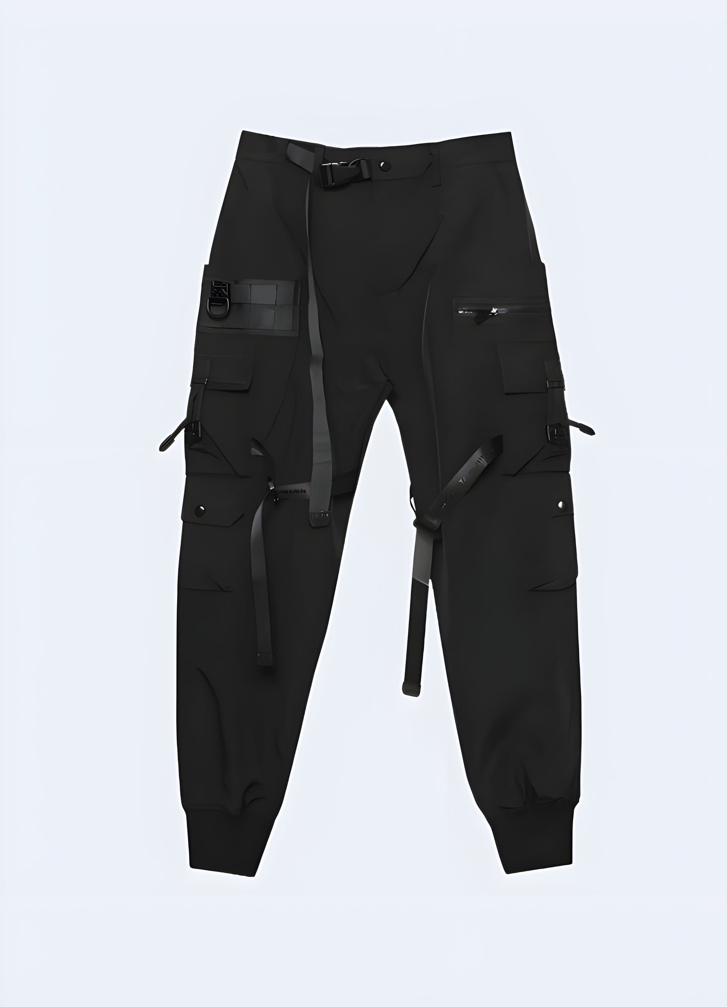 Elastic waistband cargo pants techwear front view.