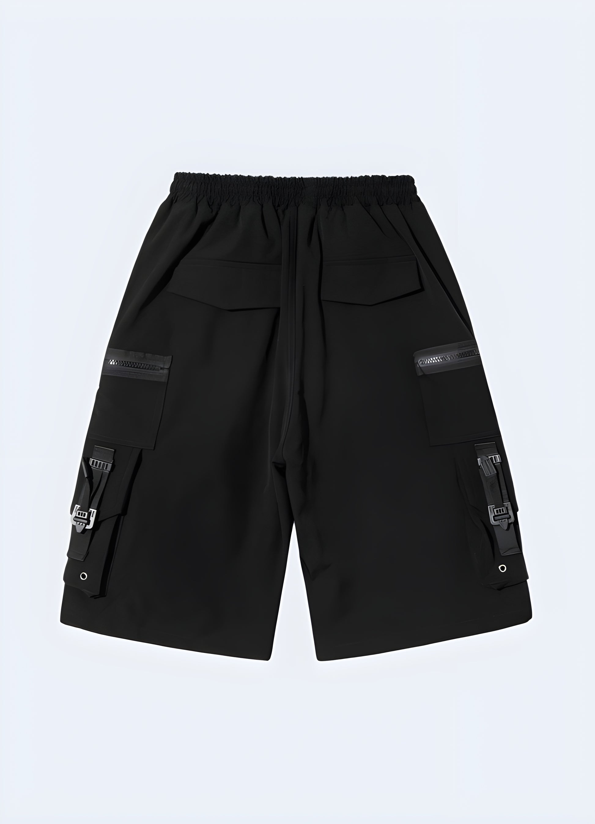 Drawstring closure elastic waist cargo shorts with zippered pockets.