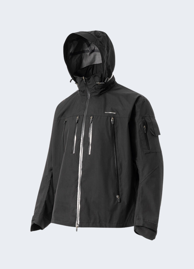 Catsstac waterproof jacket black front view.