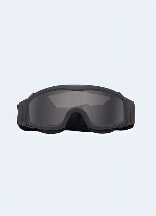 Scratch resistant lenses cold war goggles.