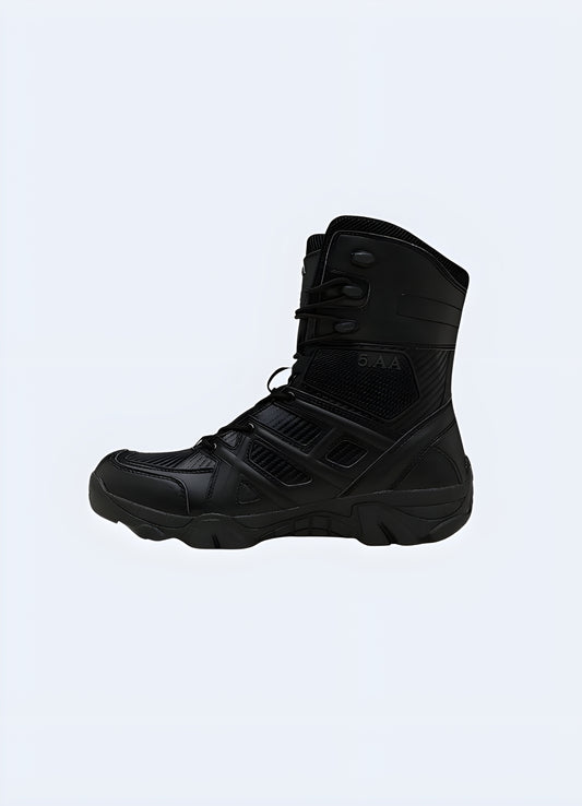 Side view of black combat boots. Featuring techwear design and rugged construction.