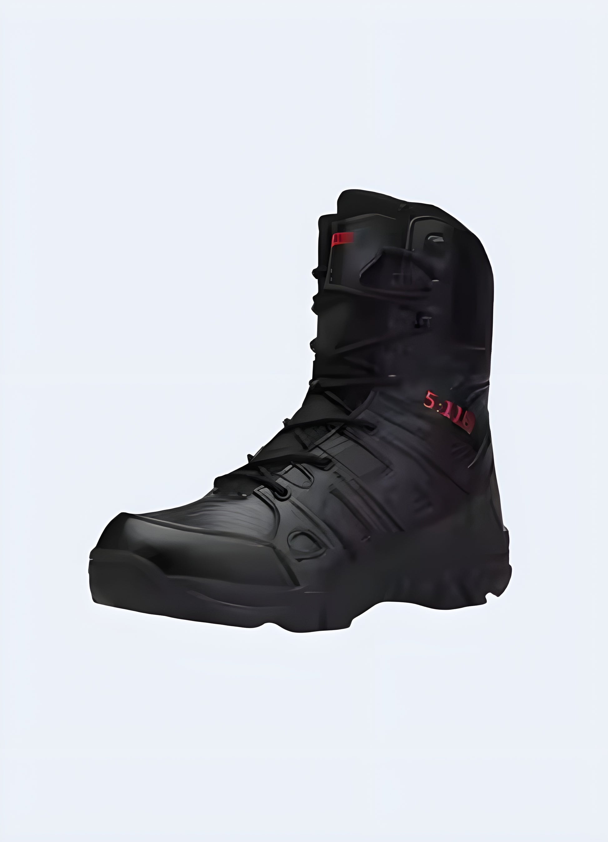 Side view of black combat boots. Featuring techwear design and rugged construction.