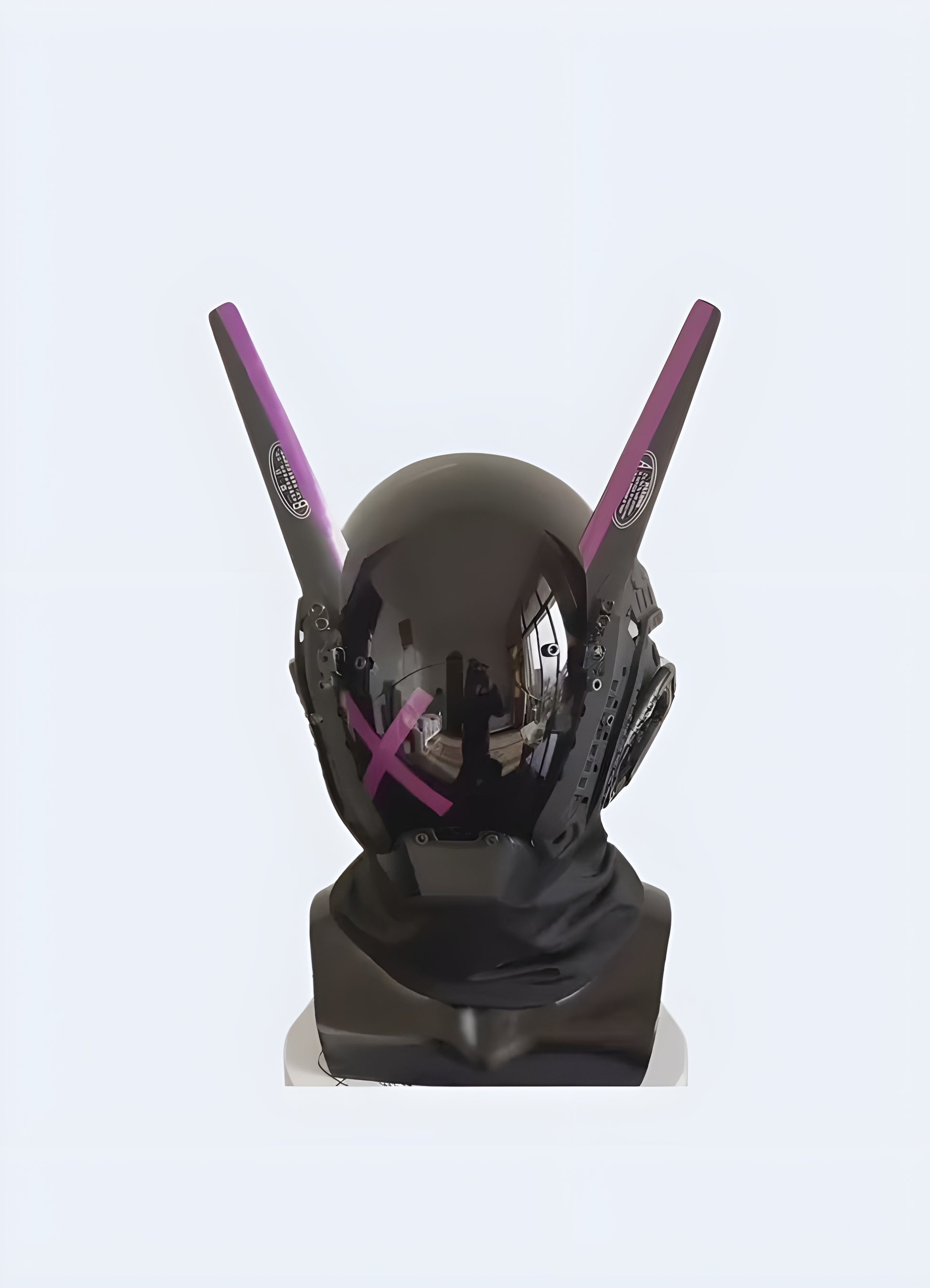 This unique helmet is sure to turn heads, with its purple color and sleek design.