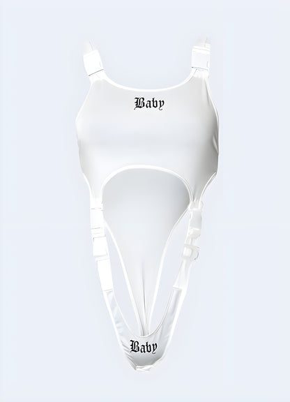 Buckles decoration cyberpunk bodysuit front view white.