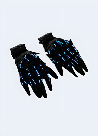 Cyberpunk-themed gloves, front view, showcasing sleek, futuristic design with illuminated lines and reinforced knuckles.