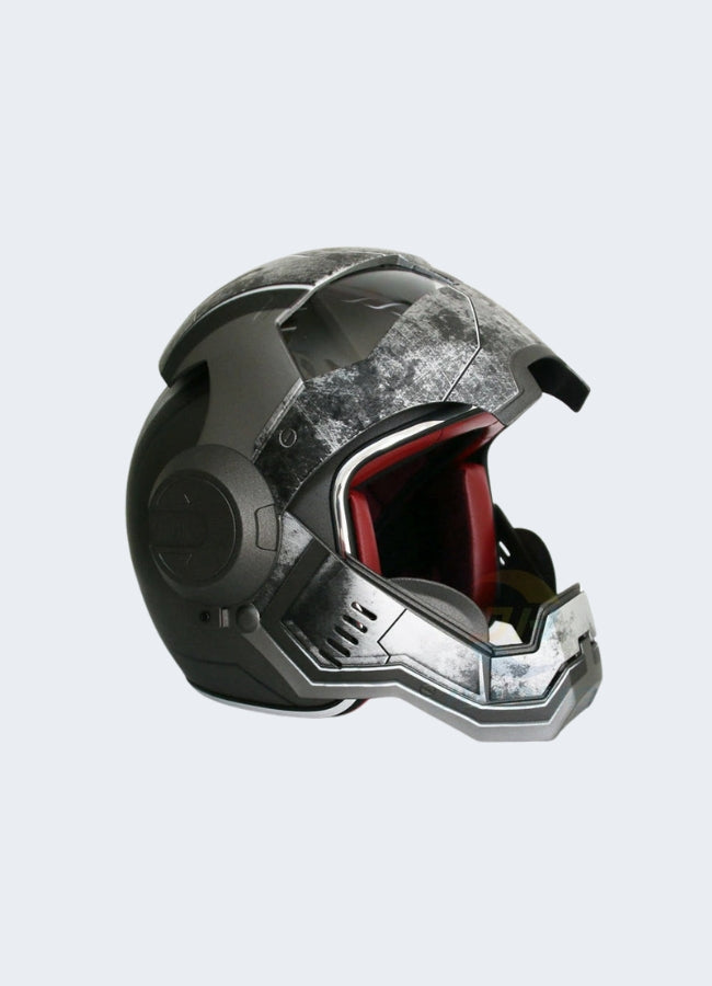 Cyberpunk motorcycle helmet features sliding face shield.