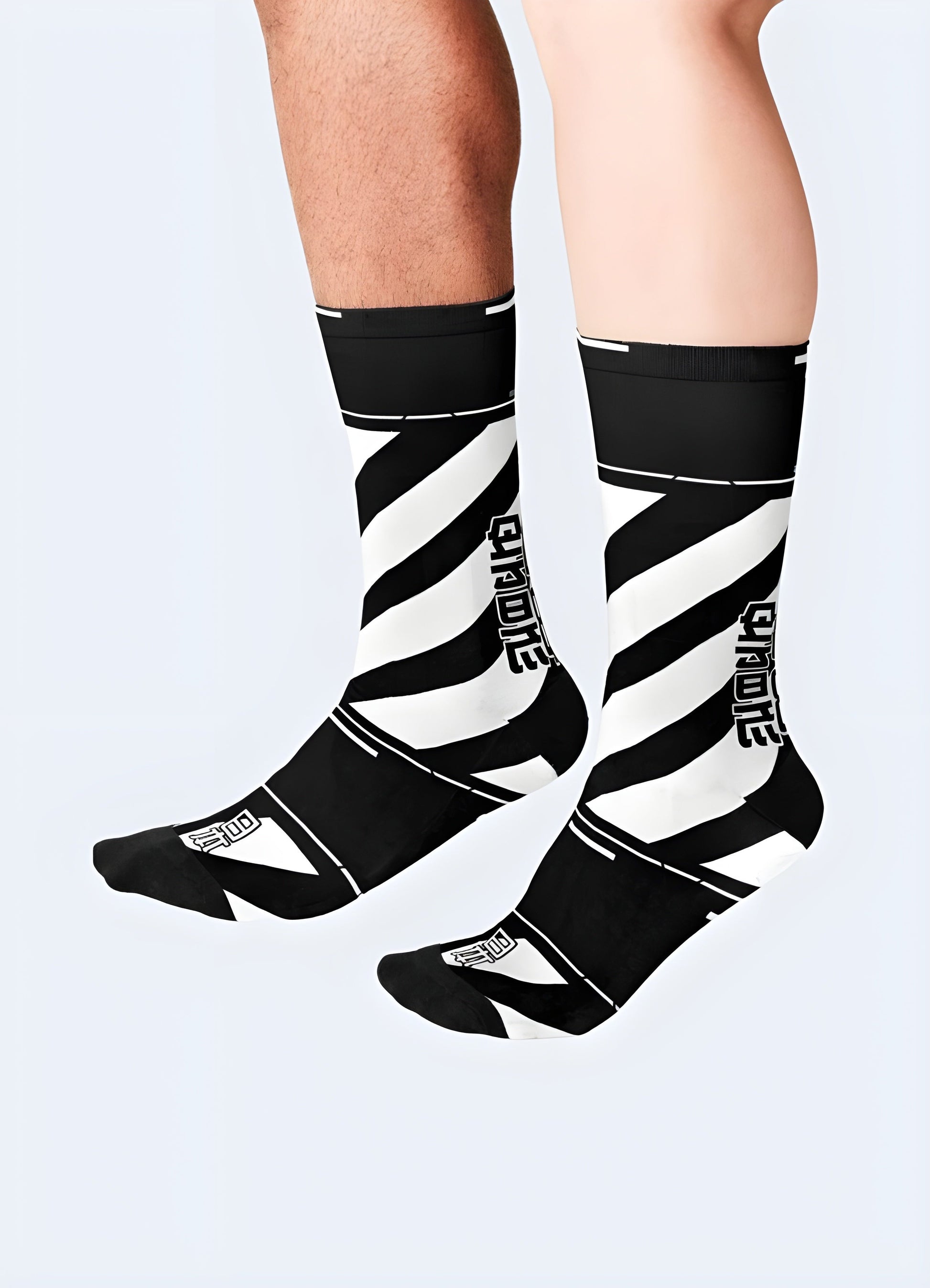 Front view of a wearing cyberpunk socks, showcasing the bold and futuristic style streetwear scene.