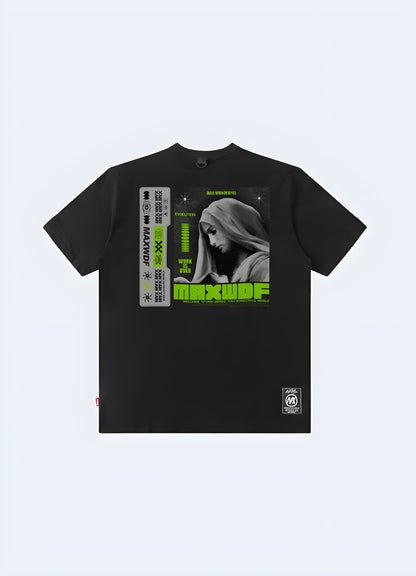 Futuristic cyberpunk-style graphic tee loose unisex fit.