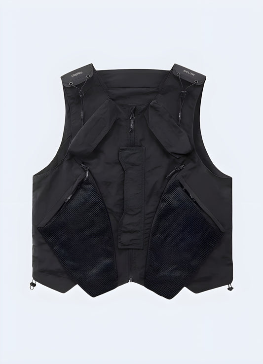 Cyberpunk tactical vest front view model closure type zipper.