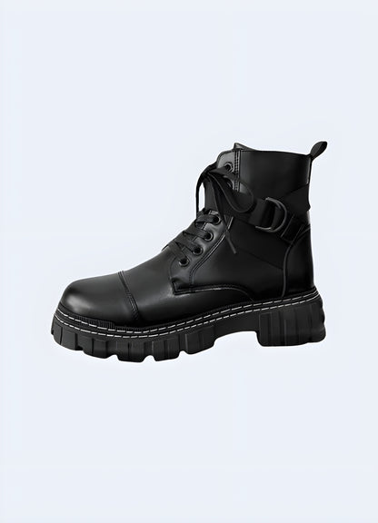  Side view of dark boots. Showcasing durable and stylish design.