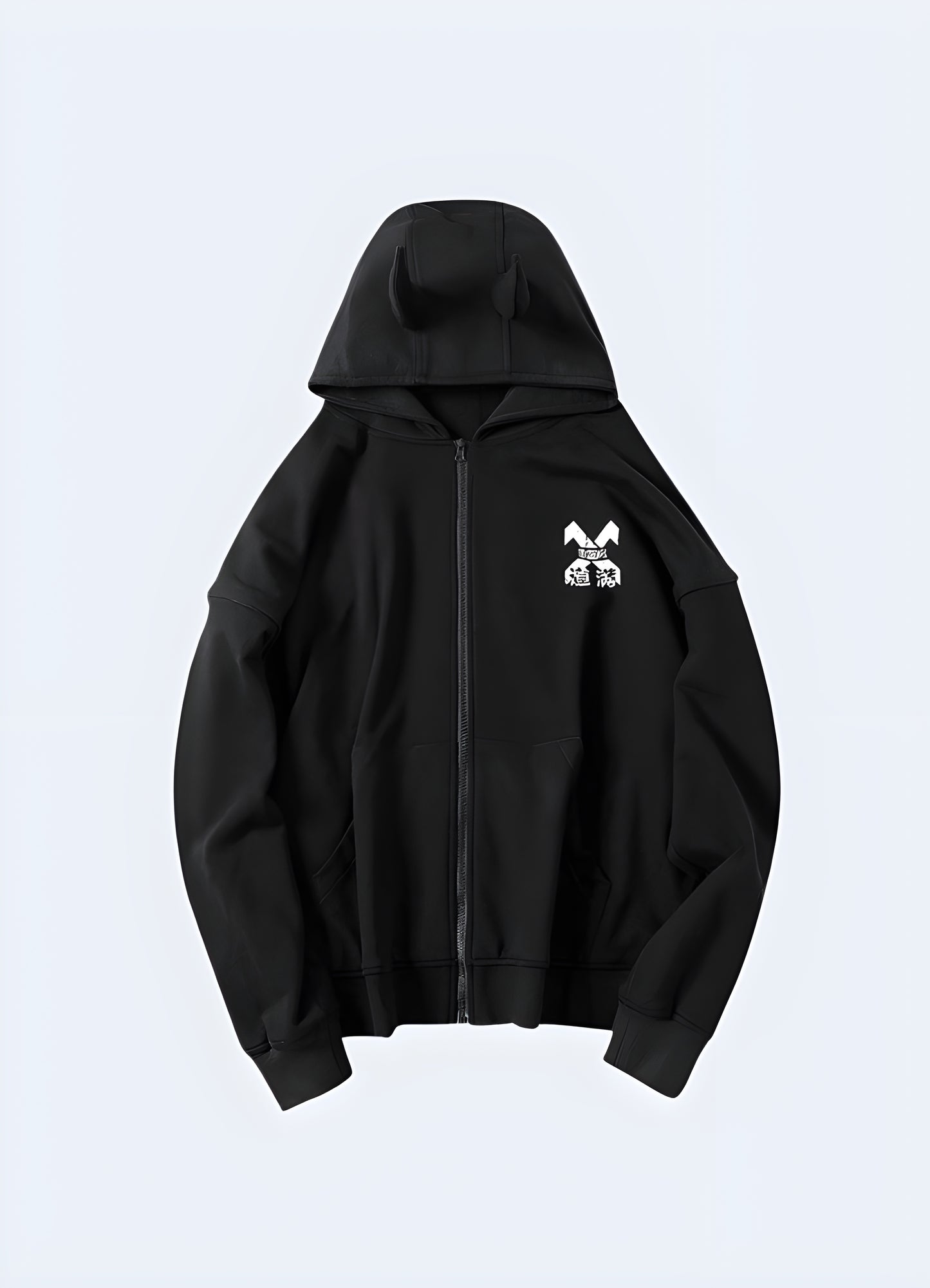 This zip-up hoodie distinguishes itself by its intimidating black hue and transformative japanese design.