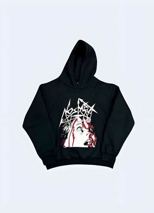 Black oversized breathable graphic hoodie.