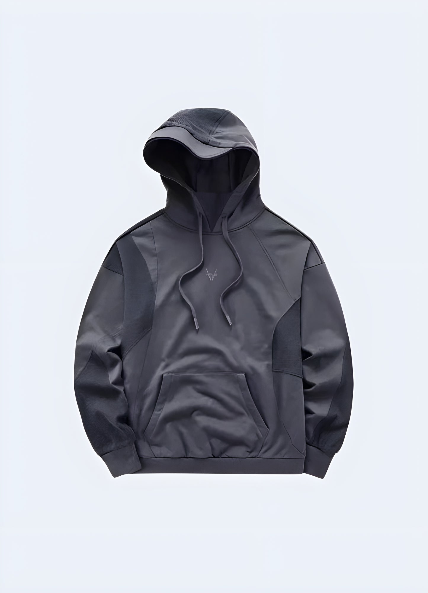 Breathable black hoodie with double hood design.