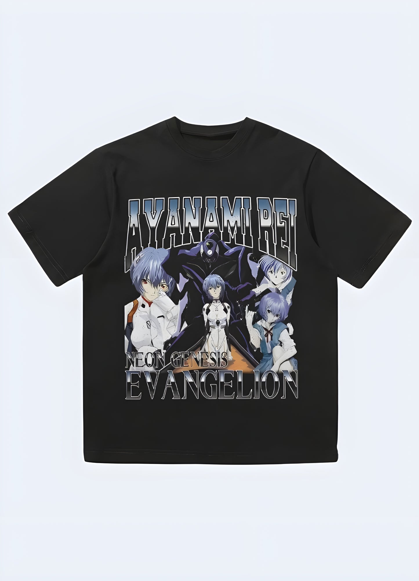 Graphic tee with Evangelion anime print black.