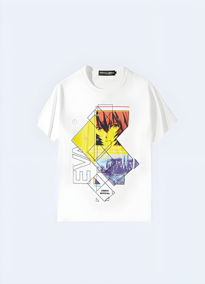Go bold or go home in this electrifying evangelion print white tee.
