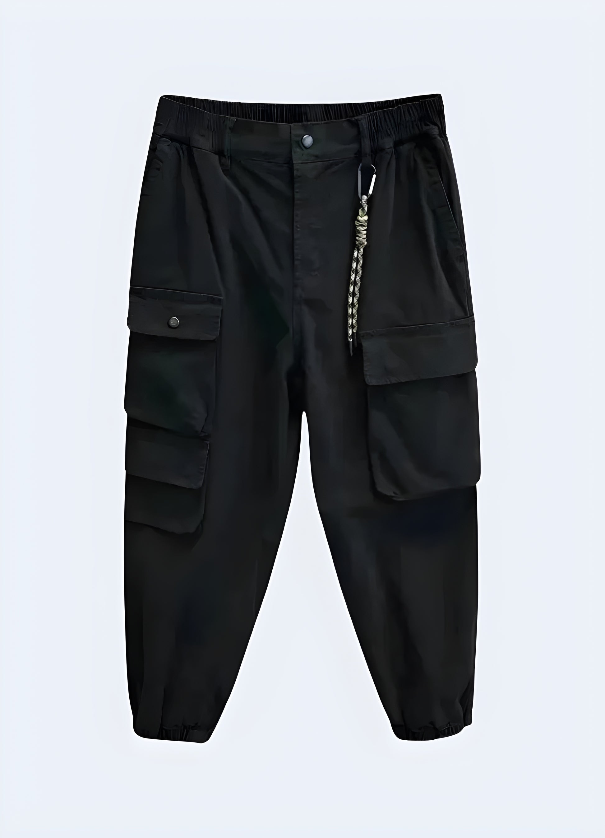 The pants have a slim, tapered fit and a matte black finish, highlighting their modern and futuristic aesthetic.