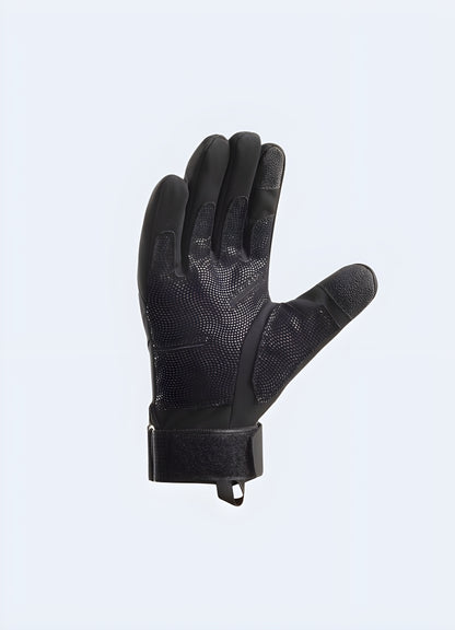 Full finger techwear gloves inside view black. 