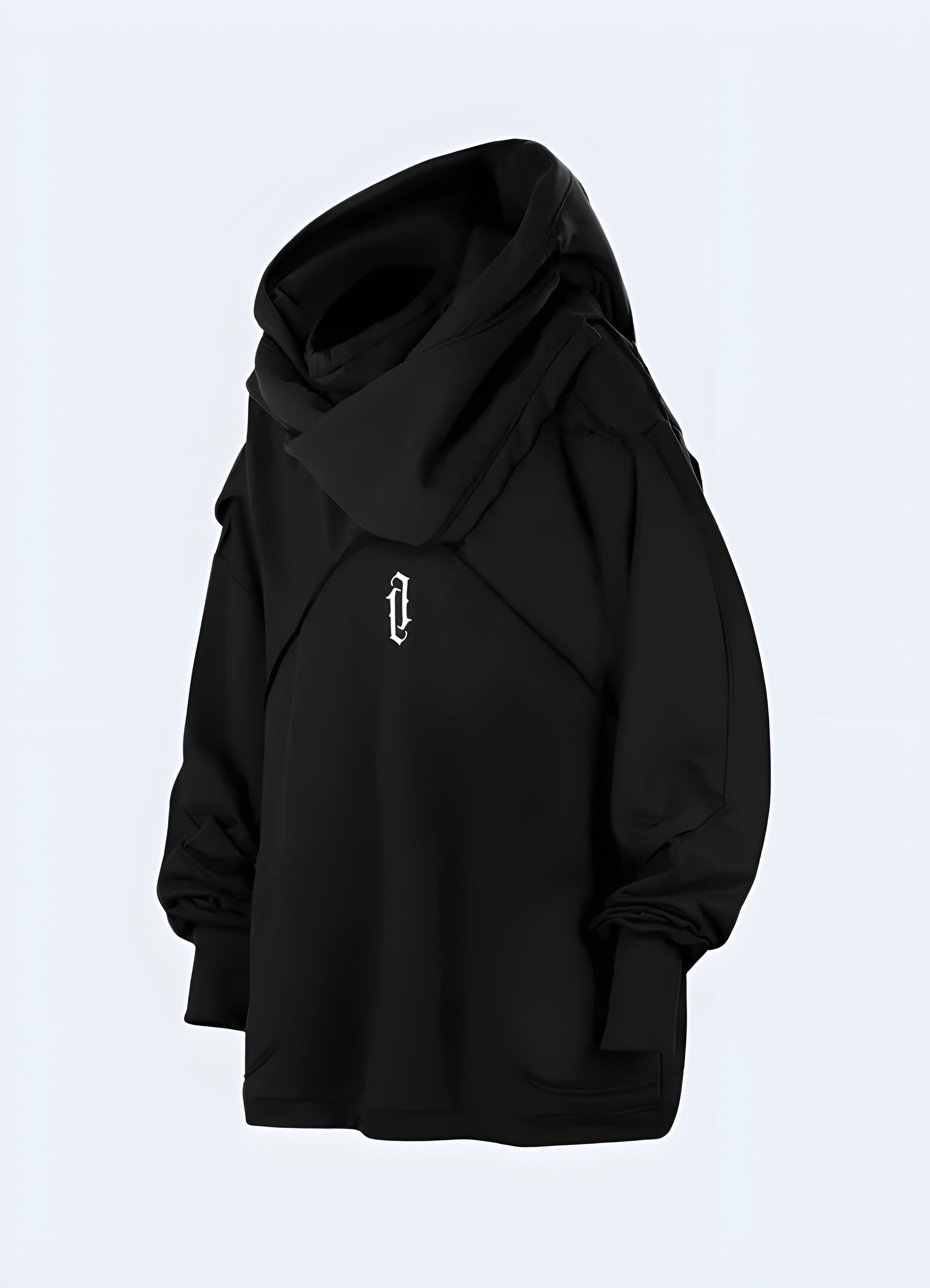 Black techwear hoodie with utility pockets.