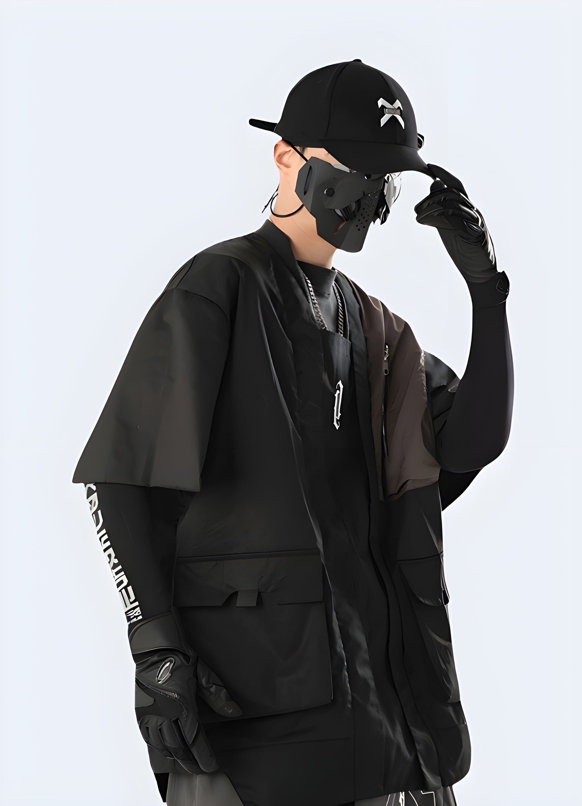 Cutting-edge futuristic kimono for men, featuring an avant-garde design and innovative materials, perfect for making a statement in the AU alternative fashion scene.