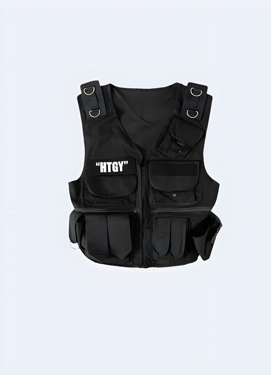 Black Utility HTGY techwear vest front view. 