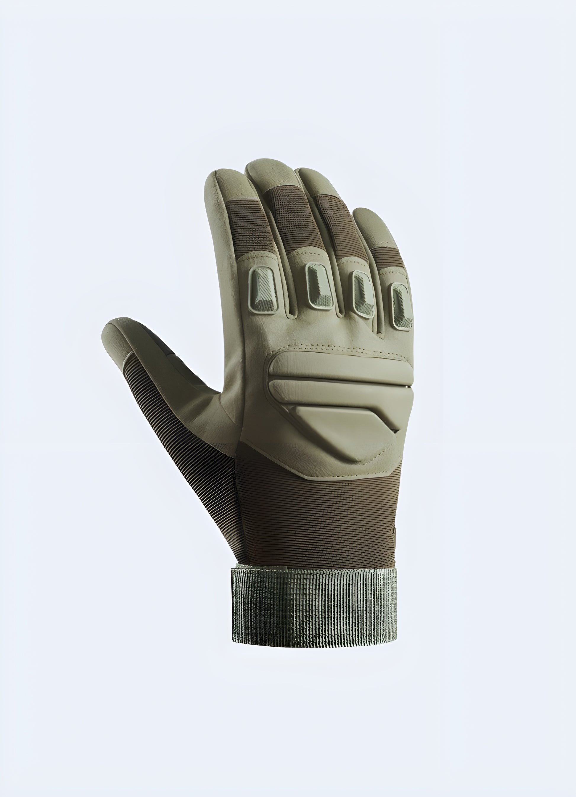 Full finger techwear gloves front view green.  