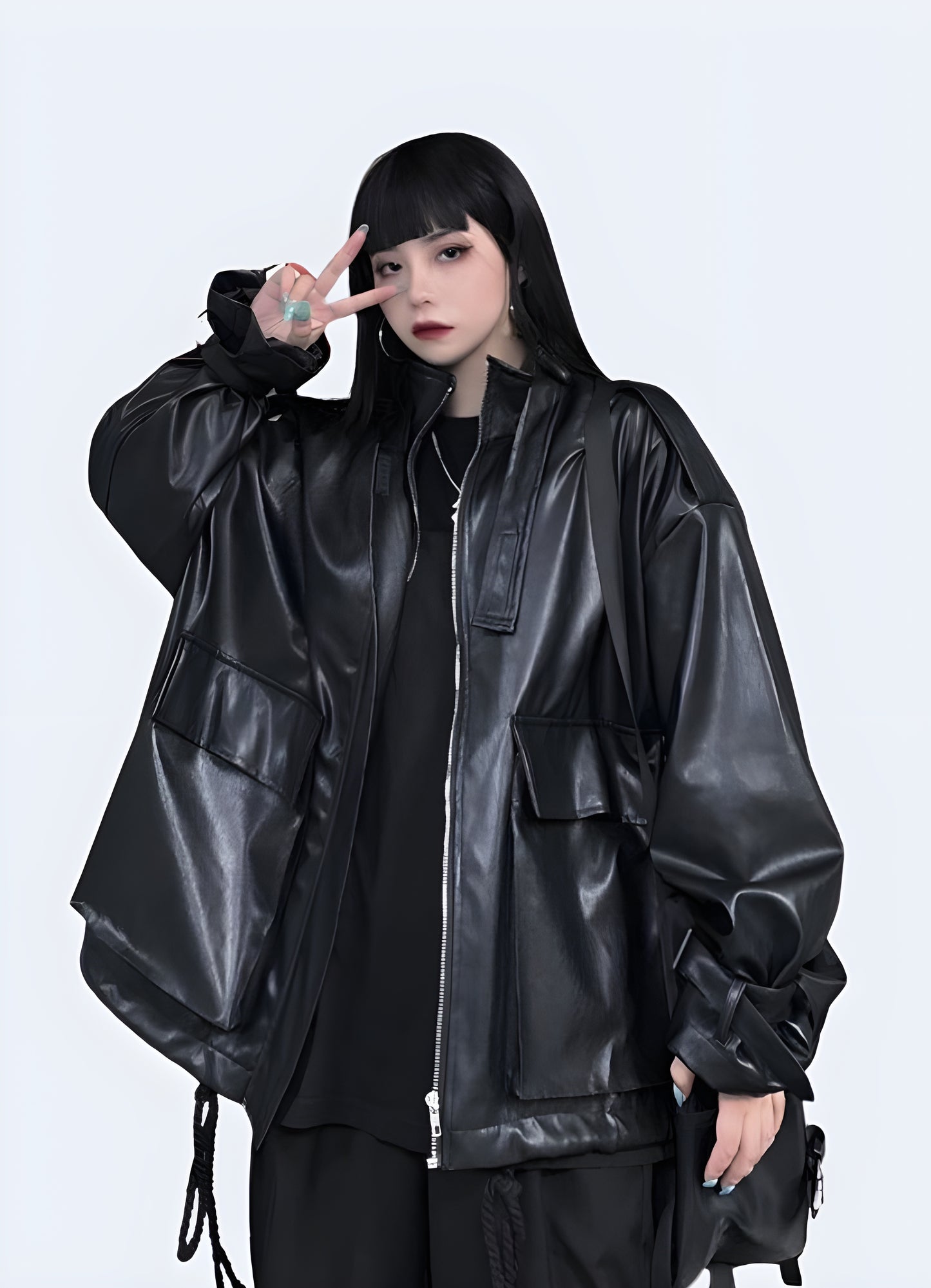 Zipper closure turn-down collar style gothic leather jacket.