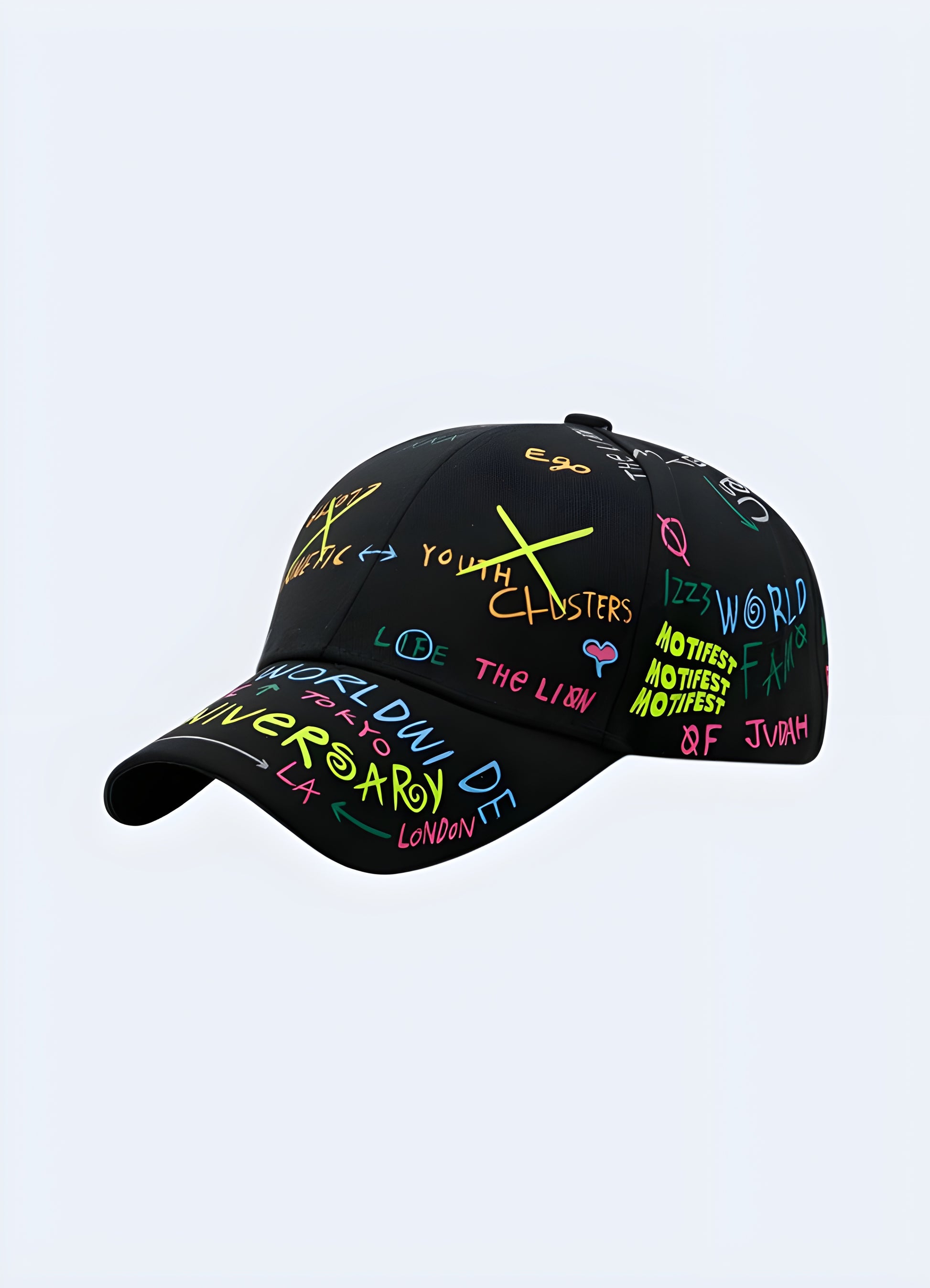 Embrace the urban vibe with the graffiti hat. It complements any outfit, adding a touch of artistic flair.