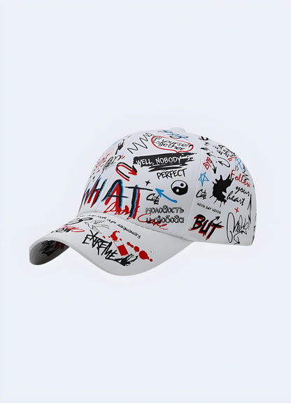 Immerse yourself in the world of graffiti with the hat's intricate, colorful print.