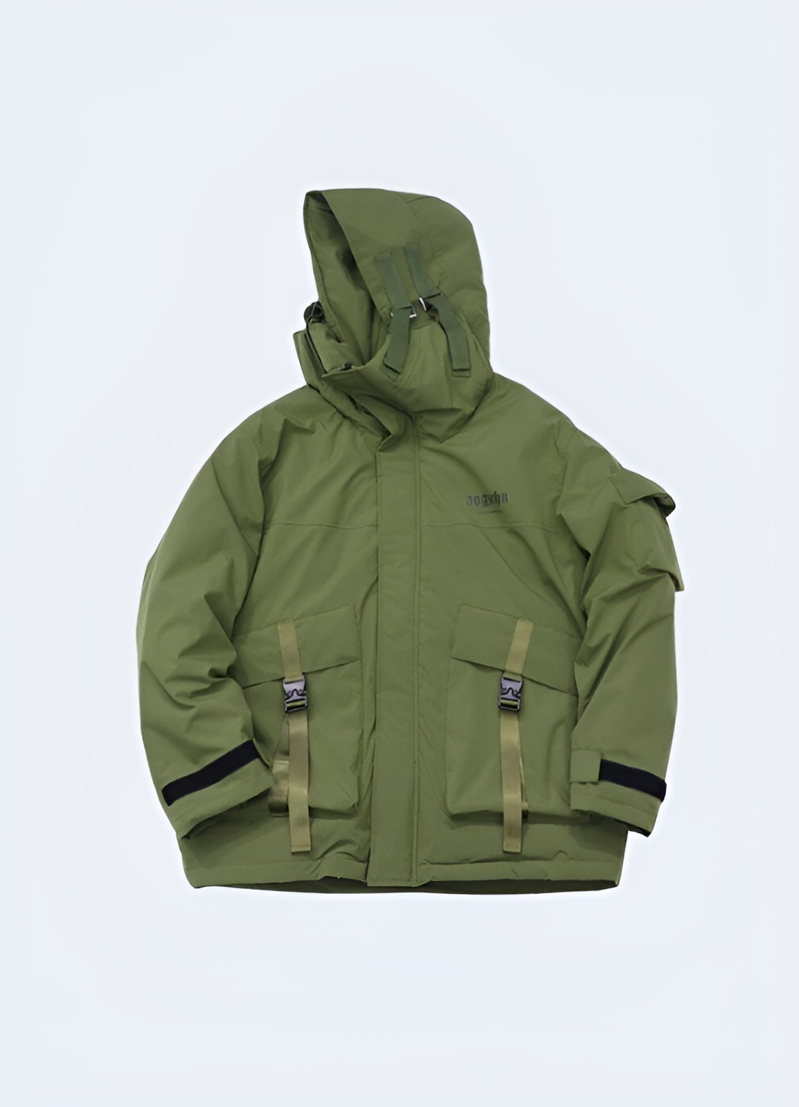 Front view of a tailored-fit green techwear jacket, emphasizing its innovative construction and streamlined aesthetics, perfect for fashion-savvy au customers seeking a functional and stylish outerwear solution.